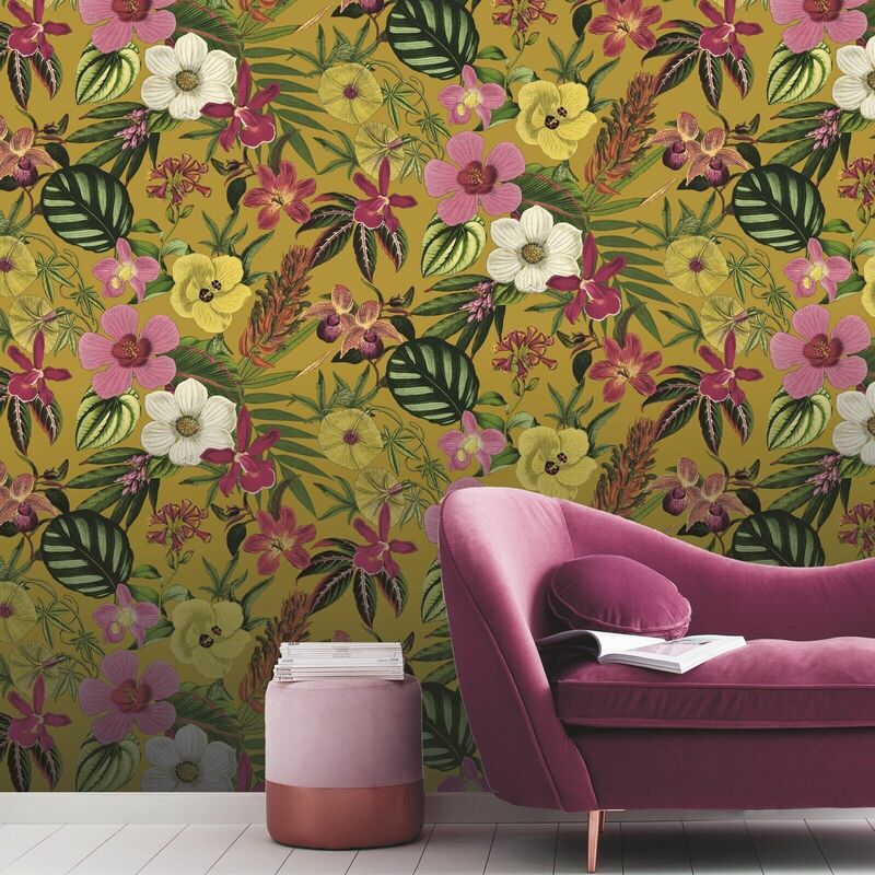 Rasch - Mustard Floral Orchid Wallpaper Pink Green Exotic Tropical Palm Leaves Smooth