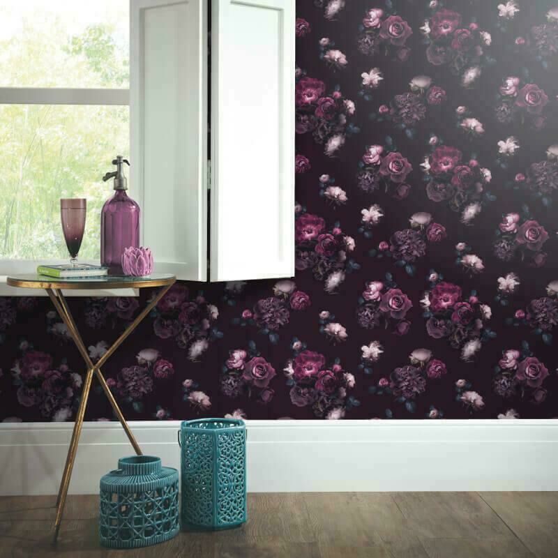 Euphoria Pink Purple Roses Floral Plum Flower 3D Feature Wallpaper - Pink Purple - Arthouse