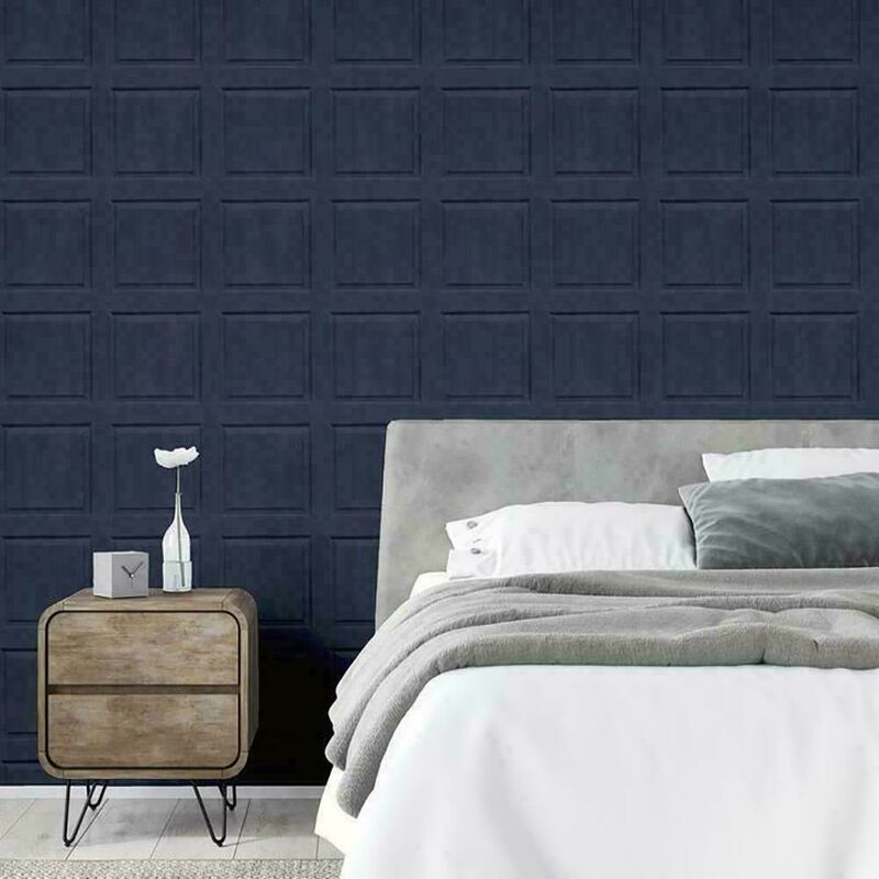 Arthouse - Navy Blue Washed Wood Panel Effect Rustic Panelling 3D Effect Wallpaper - Blue