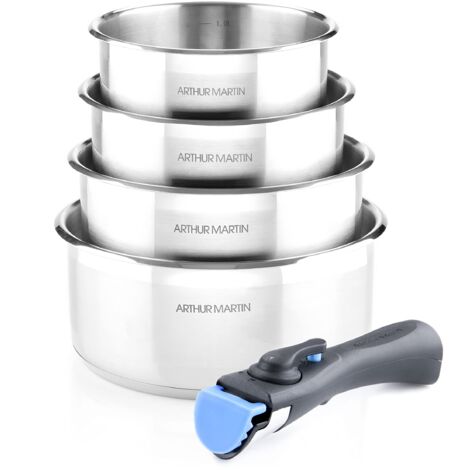 Arthur Martin 5589 Set di 5 pezzi in alluminio forgiato, interno satinato con graduazione, base a capsula, 1 manico rimovibile, tutti i tipi di piano cottura inclusa l'induzione - 4 pentole (14-20 cm)