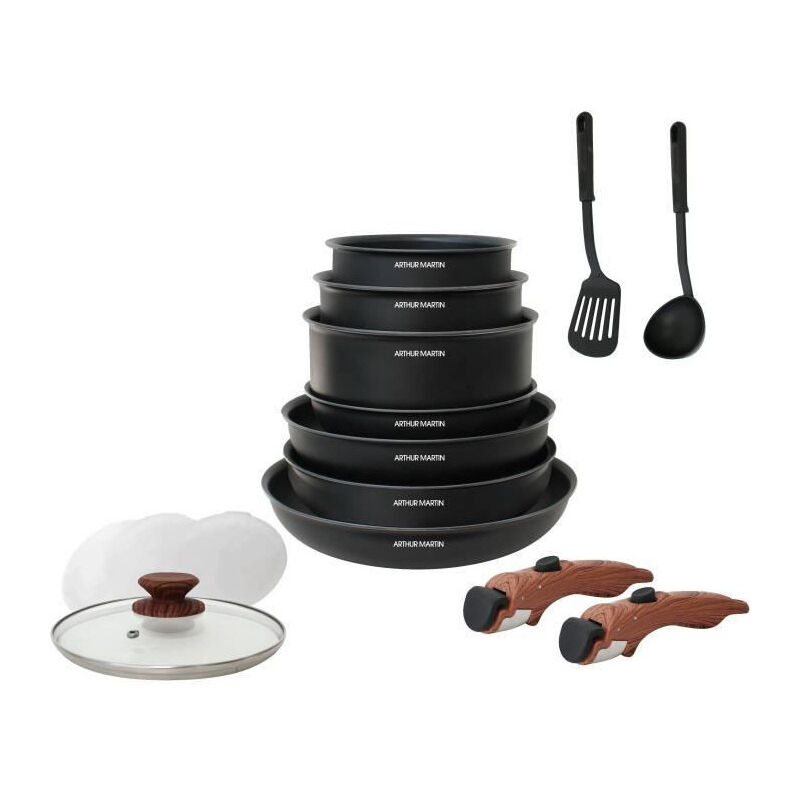 Arthur Martin AM1502 Batterie de cuisine 15 pieces - poignée amovible effet bois - tous feux dont induction