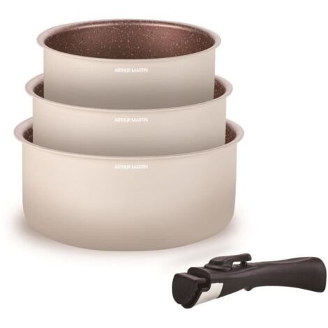 Arthur Martin - Set de 3 Bratpfannen de 16 bis 18 bis 20 cm + 1 Griff, Aluminium mit Antihaftbeschichtung, abnehmbarer Griff für alle Arten de Kochfelder einschließlich Induktion