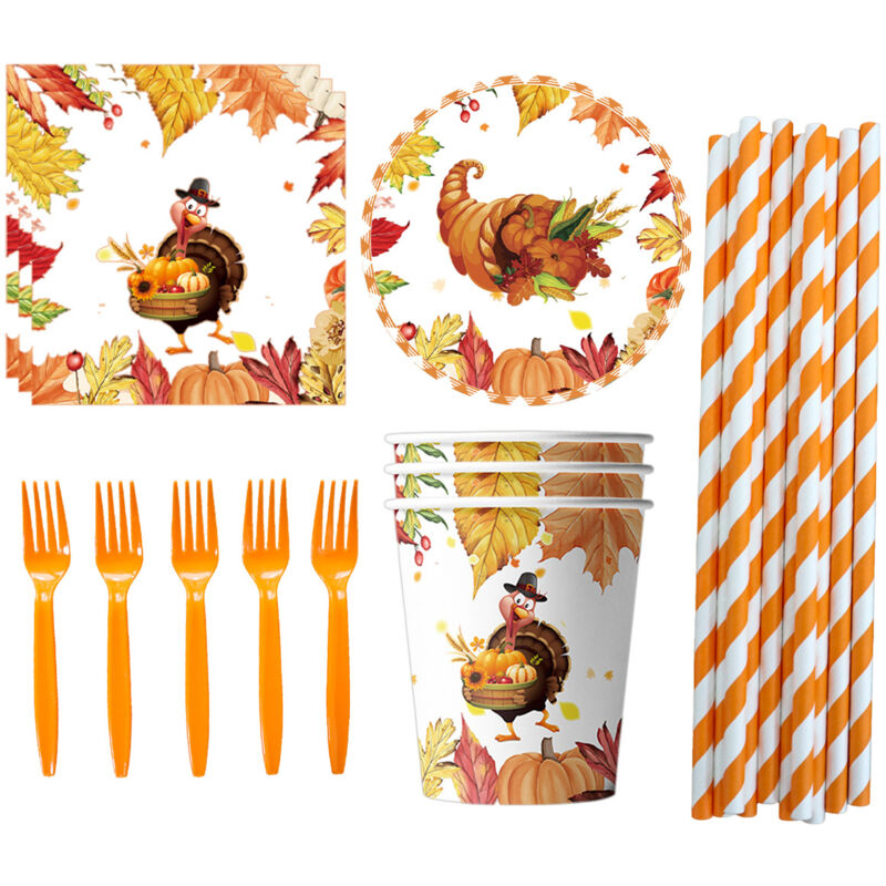 Articles de fête d'automne pour Thanksgiving : guirlande « Merci », ballons, vaisselle jetable et service de table.