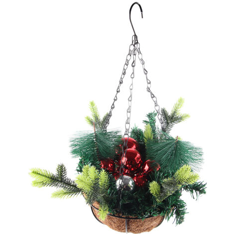 Artificial Christmas Hanging Basket Decorated with Pine Cones Ball Lights Christmas Holiday Decoration