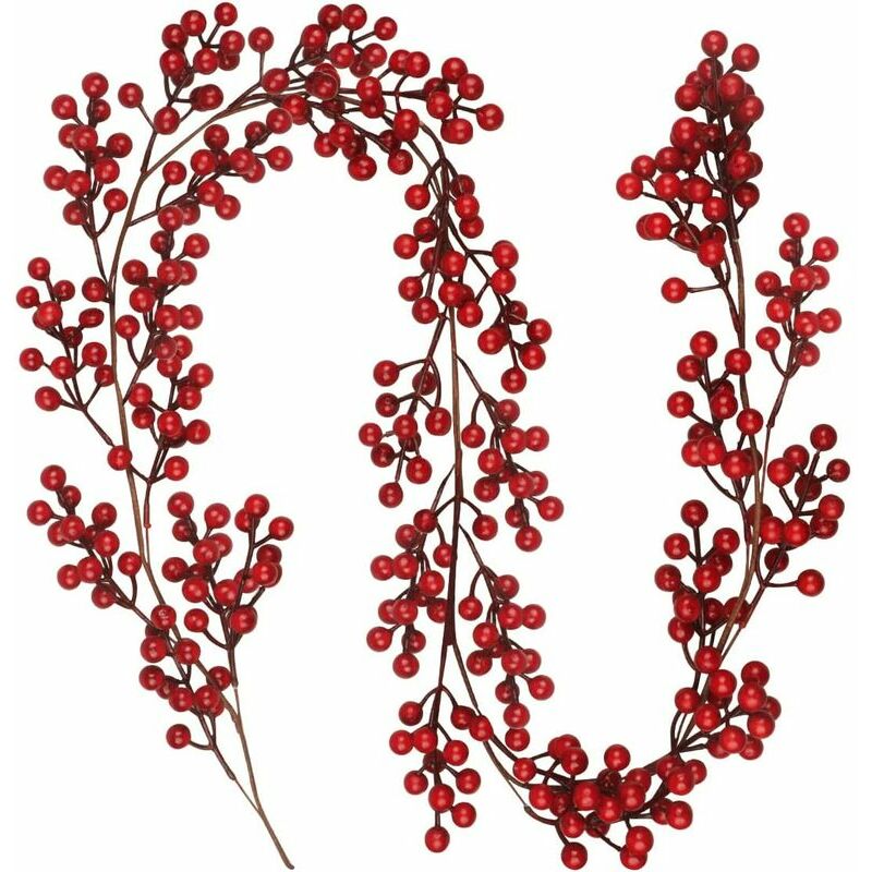 Image of Artificial Christmas Tree Garland with Red Berries and Snowy Pine Needles, Spruce, Eucalyptus Leaves, Winter Greenery Garland for Fireplace, Stairs,