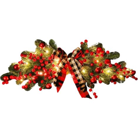 Artificial Christmas Wreaths, Christmas Pine Needles, Door Decoration with Plaid Ribbon Bow and Red Berries (with light)