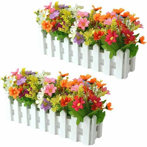 Artificial Flowers in Pot, 2pcs Artificial Decorative Flowers with Wood Fence, Autumn Artificial Flowers, Artificial Orchids, Fake Flowers Decoration for Balcony Living Room Garden 30 7.5 17