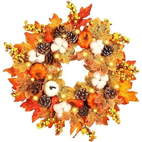 Artificial Maple Leaf Pumpkin Wreath for Front Door 45cm Thanksgiving Maple Leaf Wreath, Wreath Door Wall Decorations Christmas Halloween Thanksgiving Day（45cm）