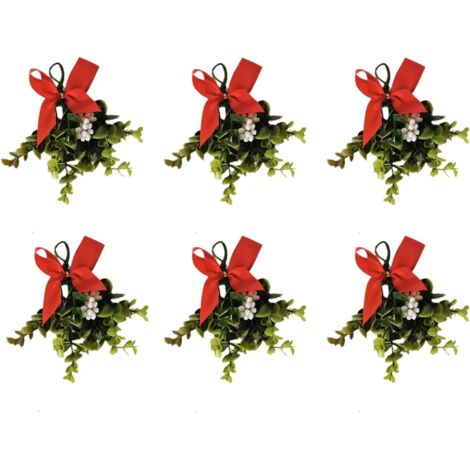 Artificial Mistletoe Hanging Decoration, Christmas Tree Decoration White Berries, Red Bow 16cm Length, Pack of 6