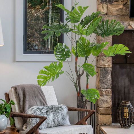Artificial Monstera Deliciosa Plant Faux Evergreen Tree W/ Cement Pot