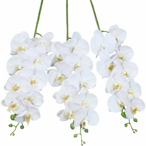 Artificial Orchid Stems Set of 3 PU Real Touch White Orchid 37 inch Tall 9 Big Blooms Fake Phalaenopsis Flower Home Wedding Decoration (3 PCS, White)