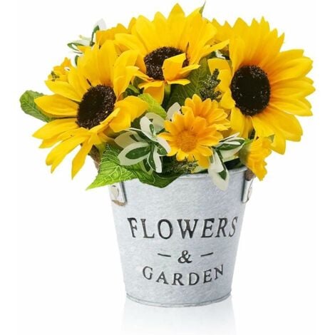 Artificial Plant Decoration, Sunflower Decorative Plant Indoor Outdoor, Artificial Flowers with Metal Pot, Mini Fake Plants for Home Decor Wedding Office Table Garden Party