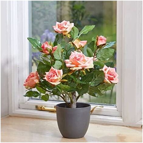 Artificial Regent's Rose Potted Plant or Tree Free Standing Faux Flowers for Home Garden Decorative Faux Foliage Indoor Outdoor D�cor Rose Bush Weather Resistant (40cm - Perfect Pink)