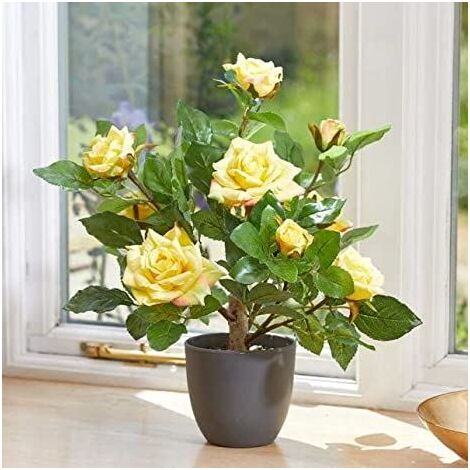 Artificial Regent's Rose Potted Plant or Tree Free Standing Faux Flowers for Home Garden Decorative Faux Foliage Indoor Outdoor D�cor Rose Bush Weather Resistant (40cm - Sunshine Yellow)