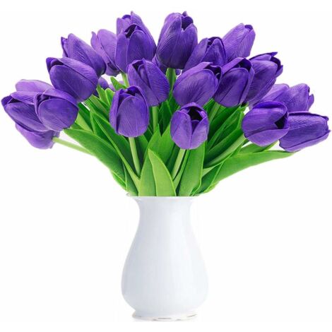 Artificial Tulip Fake Holland Mini Tulip Real Touch Flowers 24 Pcs for Wedding Decor DIY Home Party (Purple)