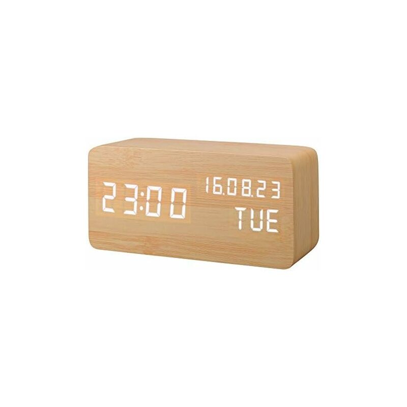 Artificial Wood led Alarm Clock,Sound Activated Digital Clock,with Temperature/Humidity/Schedule Brightness Battery/USB Plug