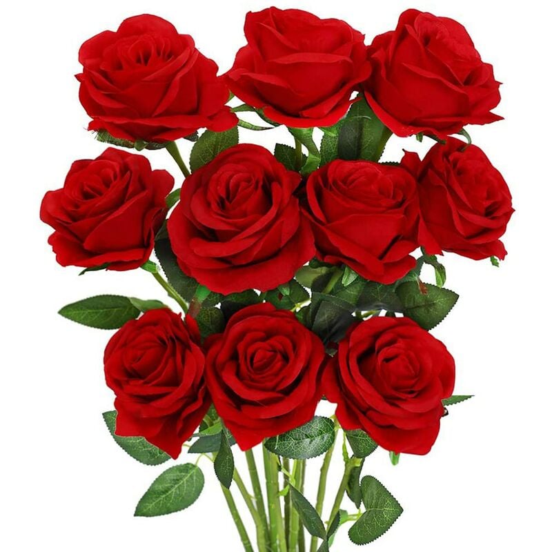 Tlily - Rose Artificielle Fleur Roses en Soie Rouge avec Tige Fleurs Bouquet DéCoration de FêTe de Mariage, Paquet de 10 (Rouge)
