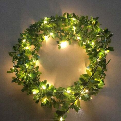 Artificielles Feuilles Vertes LED Guirlande Lumineuse à Piles Fil de Cuivre Fée en Rotin Guirlande Suspension Lumière pour Maison Mariage Noël Jardin Bureau Décor (Petites feuilles vertes, 2M/20LED) G