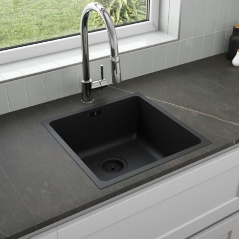 ArtiKitch Black Inset Kitchen Sink Stainless Steel Large Square Single Bowl Strainer Waste