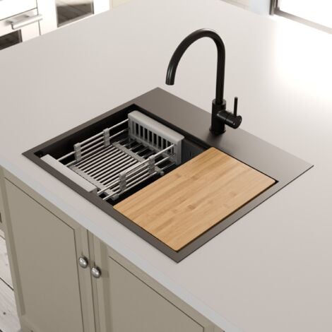 ArtiKitch Black Kitchen Sink 1 Bowl Undermount Inset Modern Stainless Steel Drainer Waste