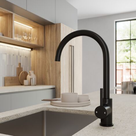 ArtiKitch Kitchen Mixer Tap Single Lever Modern Mono Curved Swivel Swan Spout Matt Black