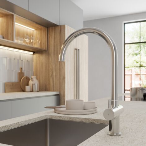 ArtiKitch Kitchen Sink Mixer Tap Dual Lever Modern Mono Curved Swivel Spout Swan Chrome