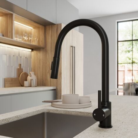ArtiKitch Matt Black Pull Out Kitchen Mixer Tap Dual Spray Swivel Spout Single Lever Brass