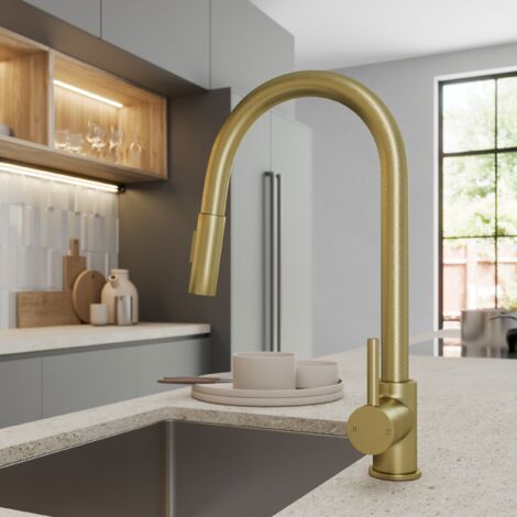 ArtiKitch Pull Out Kitchen Mixer Tap Dual Spray Swivel Spout Single Lever Brushed Brass