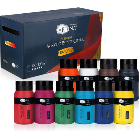 Artina Set de 10 Colores acrílicos Crylic Juego de Pintura acrílica - 500 ml - Ideal para Profesionales y Aficionados - acrílicos para Pintar