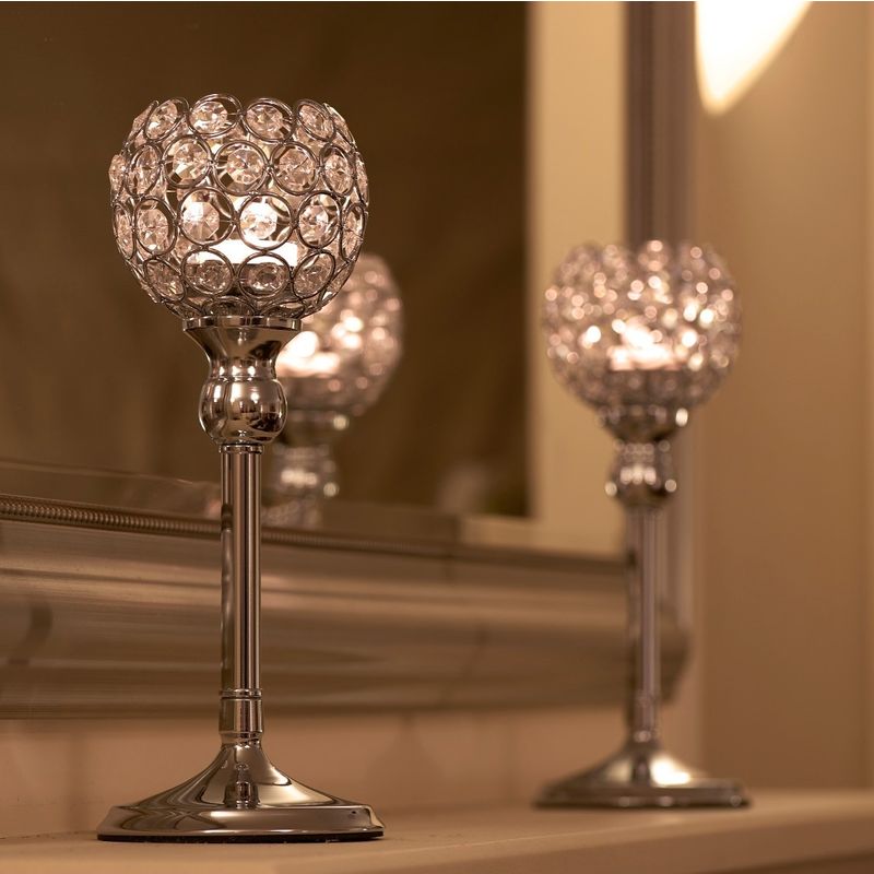 Image of Artis Set of Two Silver Pillar Candle Holders with Crystal Detail for Tea Light/Votives, Perfect Centrepiece for Dinner Table, Weddings and Parties
