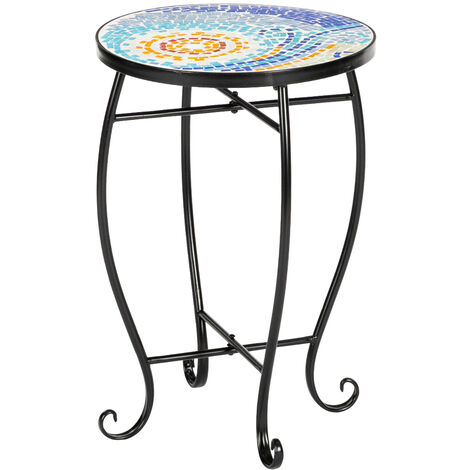 Artisasset 35*35*52cm Stained Glass Blue Ocean Mosaic Table Iron Round Europe - Blue - Blue
