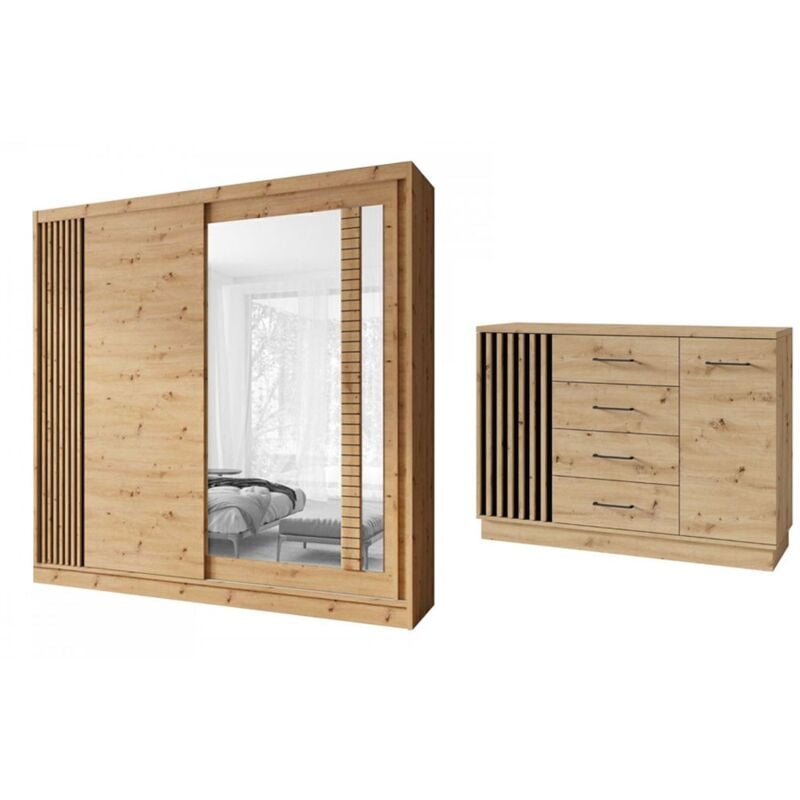 Monmobilierdesign - artiz Ensemble Armoire portes coulissantes et Commode 2 portes 4 tiroirs