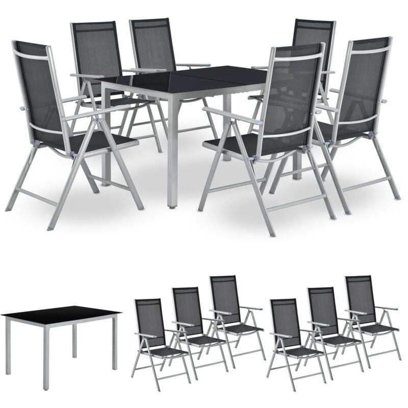 Aluminium Gartengarnitur Milano - Gartenmöbel Set mit Tisch und 6 Stühlen – Silber-Grau mit schwarzer Kunstfaser - Alu Sitzgruppe Balkonmöbel - Juskys