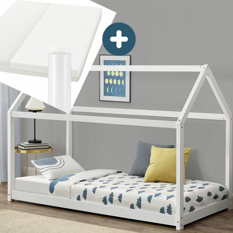 Juskys Kinderbett Carlotta 90 x 200 cm mit Matratze, Lattenrost & Dach - Hausbett aus Massivholz Kiefer - Mädchen & Jungen - Bett in Weiß