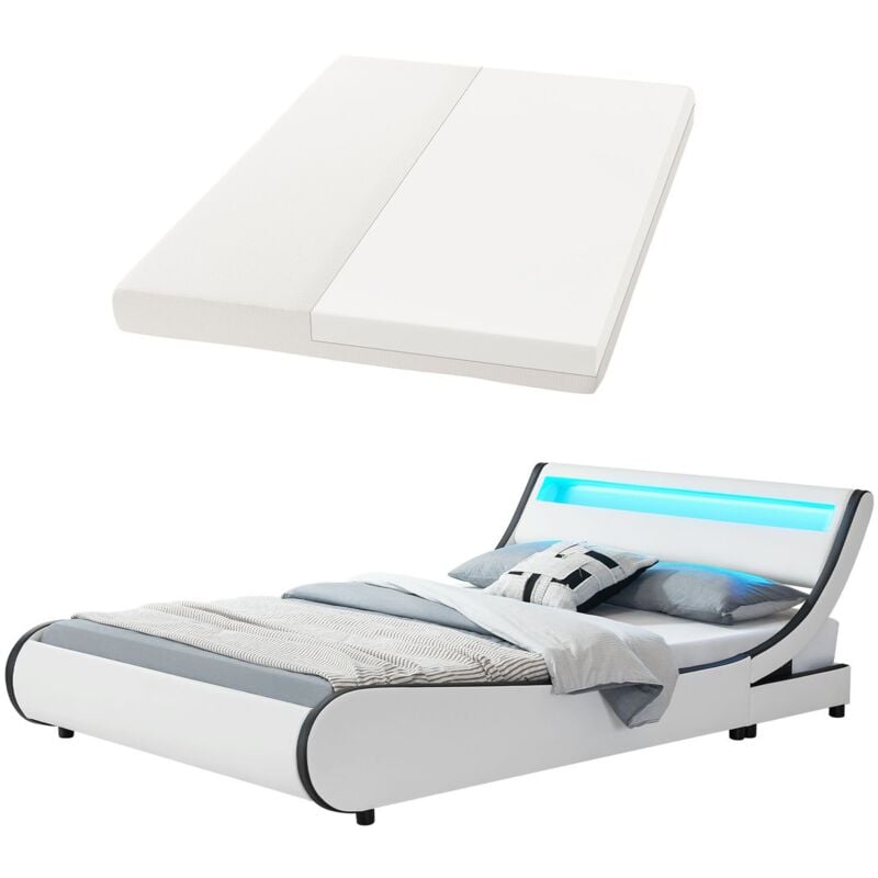 Polsterbett Bett Valencia 140 x 200 cm weiß mit Kaltschaummatratze Einzelbett mit LED-Beleuchtung und Lattenrost - Juskys