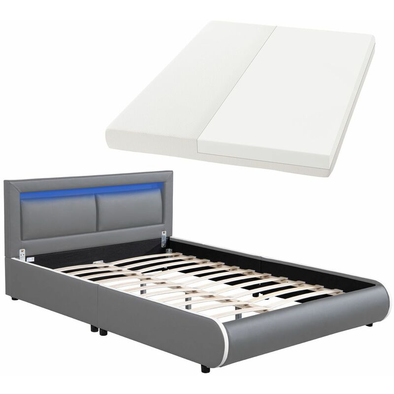 Juskys LED Polsterbett Murcia 140 x 200 cm Komplett-Set mit Matratze, Lattenrost, Kopfteil – Kunstleder Bett Einzelbett – massiv, modern & grau