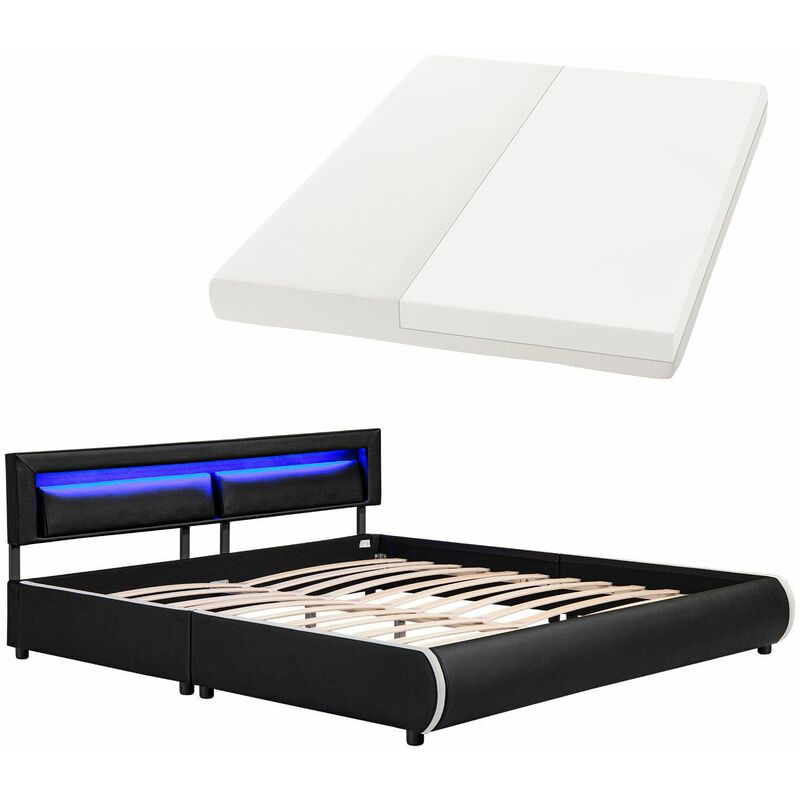 LED Polsterbett Murcia 180x200 cm Komplett-Set mit Matratze, Lattenrost, Kopfteil – Kunstleder Bett Doppelbett – massiv, modern & schwarz - Juskys