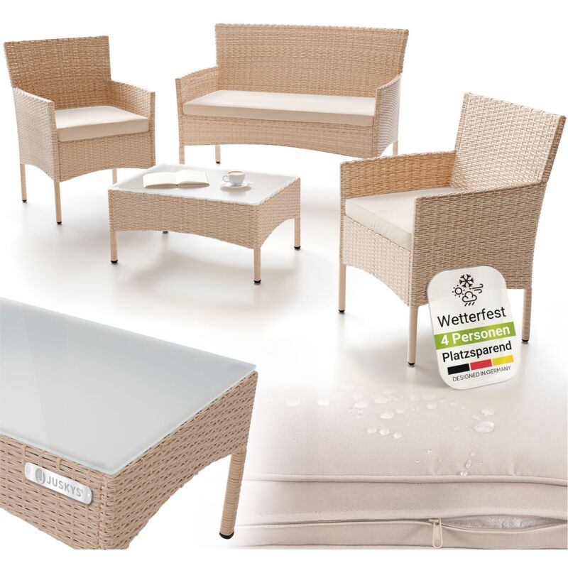 Juskys Polyrattan Gartenmöbel-set Fort Myers – Balkonmöbel-set Mit Tisch, Sofa & 2 Stühlen – Sitzgruppe 4 Personen Creme Mit Auflagen Sand