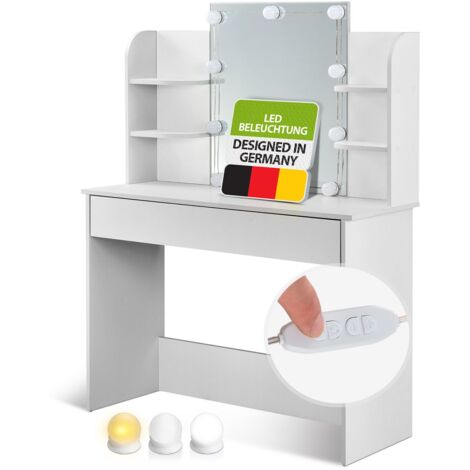 ArtLife Schminktisch Bella mit LED-Beleuchtung, Spiegel, Schublade und Fächern | weiß | modern | MDF Holz | Frisiertisch Kosmetiktisch Kommode