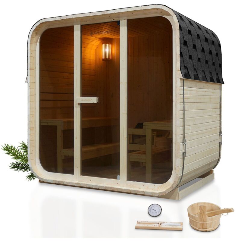 Cube Fasssauna Fjora, Gartensauna Für 6 Personen Aus Fichte, 9 Kw Saunaofen, Led-beleuchtung, Zubehörset Mit Sanduhr & Thermometer - Artsauna