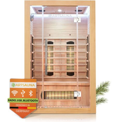 Artsauna Infrarotkabine Kiruna120 mit 5 Vollspektrum- & 3 Flächenstrahler, 2 Personen, 120 x 105 x 190 cm, LED Farblicht & Glastür, Infrarotsauna Sauna