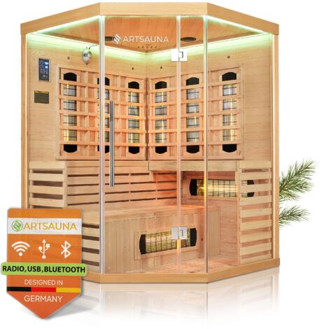 Artsauna Infrarotkabine Kiruna150 mit 8 Vollspektrum- & 1 Flächenstrahler, 3 Personen, 150 x 150 cm, LED Farblicht & Glasfront, Infrarotsauna Sauna