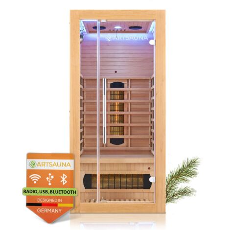 Artsauna Infrarotkabine Kiruna90 mit 4 Vollspektrum- & 3 Flächenstrahler, 1 Person, 90 x 90 x 190 cm, LED Farblicht & Glastür, Infrarotsauna Sauna