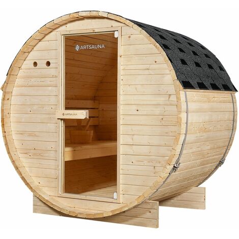 Artsauna Outdoor Fasssauna Spitzbergen 120 - 3,6 kW Ofen, Saunasteine & Zubehör - Saunafass aus Fichtenholz - Gartensauna - 2 Personen
