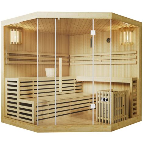 Artsauna Saunakabine Espoo200 Premium mit Harvia Ofen – 5 Personen – Hemlock Holz, Glasfront und LED Licht – Inkl. Thermometer & Sanduhr –Komplett Set