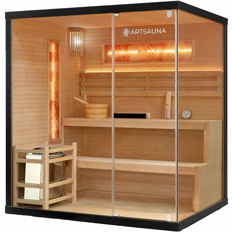 Artsauna Saunakabine Vantaa 175 mit Salzstein - Indoor Sauna 4 Personen - 8kW Ofen, Glasfront, LED Licht, Thermometer & Sanduhr - Komplett Set