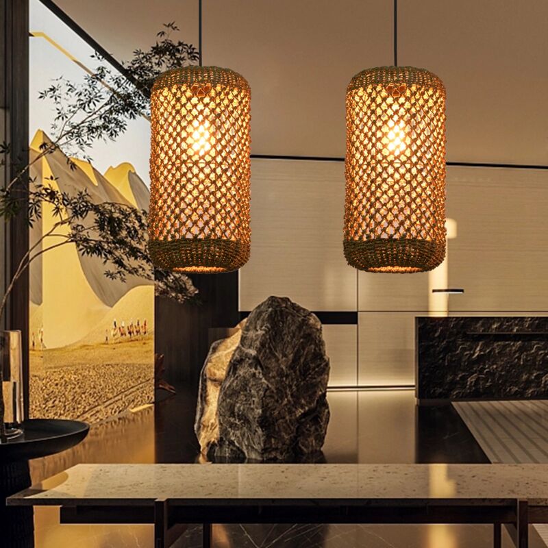 Lustre en rotin tressé à la main Lustre en fibre naturelle de style bohème Plafonnier rustique - Arturesthome