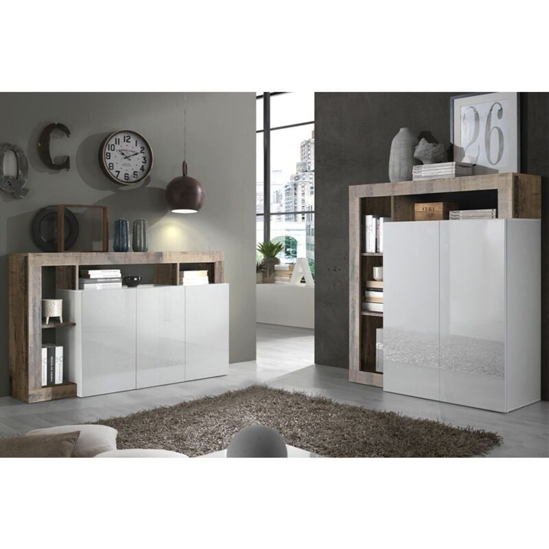 Arturo - Ensemble Buffet 3P + Meuble Bar Blanc Laqué Niches Aspect Bois Antik