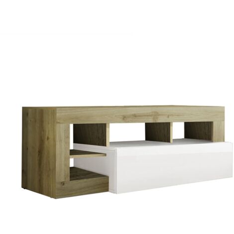 ARTURO - Meuble TV 1 Abattant Blanc Laqué Encadrement Niches Aspect Bois Cadiz