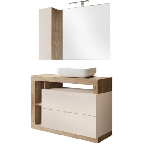 ARTURO - Meuble Vasque 110cm + Miroir beige et aspect bois finition Cadiz